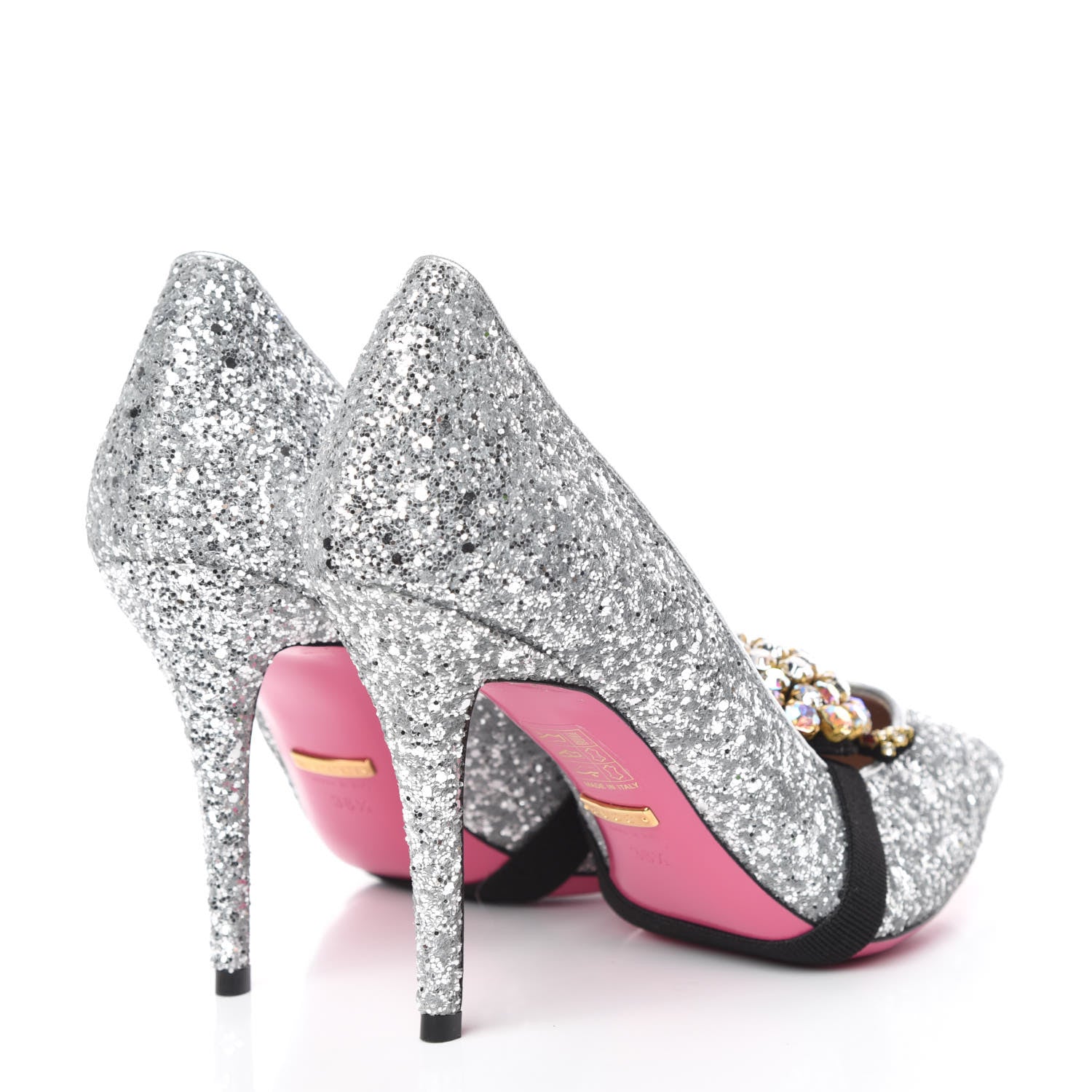 Gucci Nappa Silk Glitter Removable Crystal Heart Pumps 38.5 Argento 4 of 11