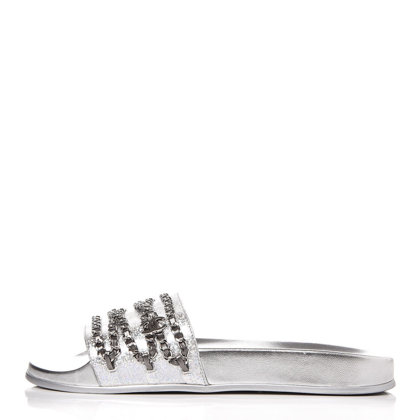 Metallic Lambskin Chain Flat Sandals 42 Silver