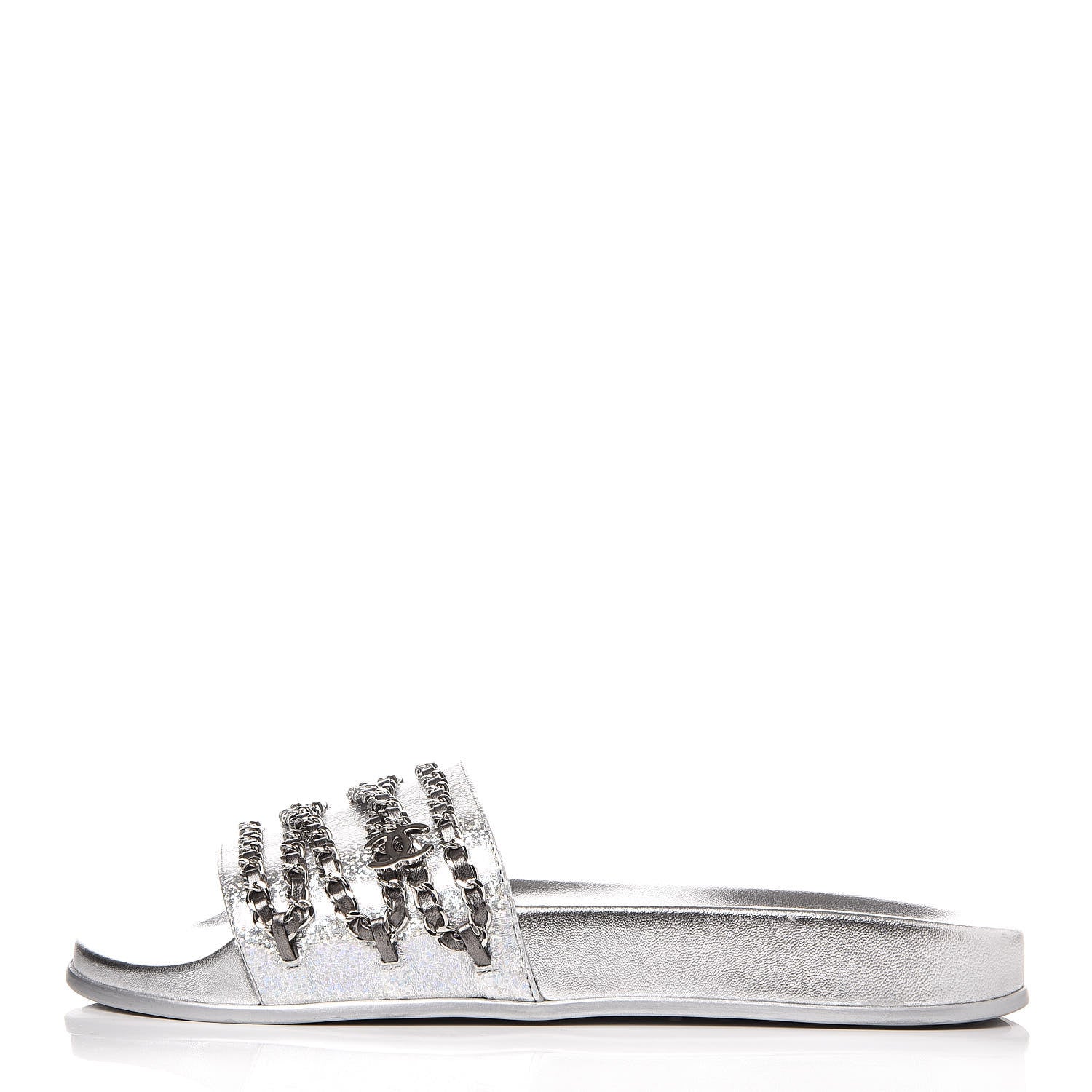 Chanel Metallic Lambskin Chain Flat Sandals 42 Silver 1 of 9