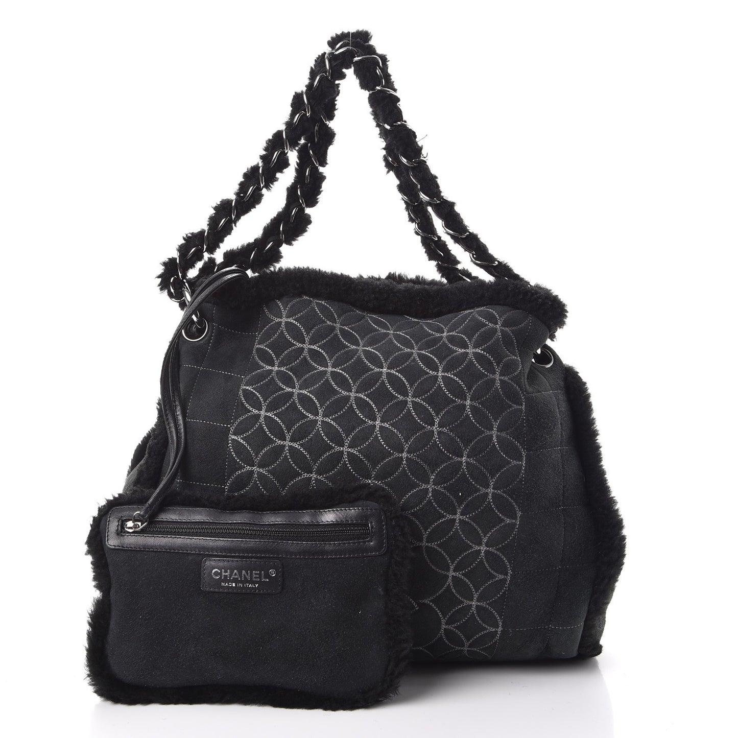 Shearling Suede Stiched CC Tote Black