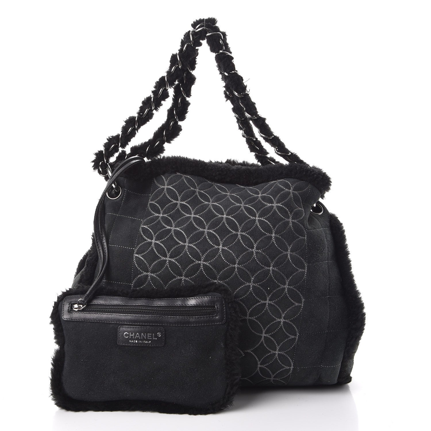 Chanel Shearling Suede Stiched CC Tote Black 3 of 11