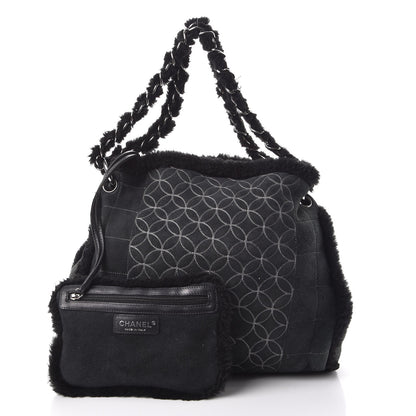 Chanel Shearling Suede Stiched CC Tote Black 3 of 11