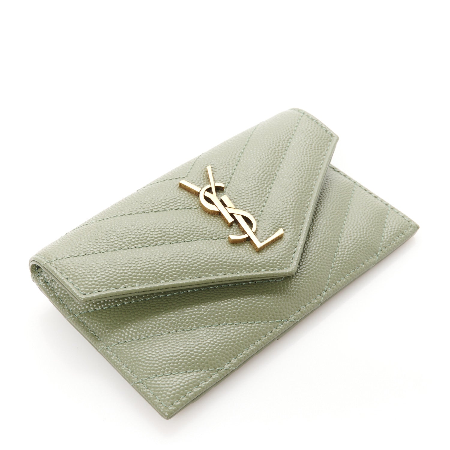 Saint Laurent Grain De Poudre Matelasse Chevron Monogram Compact Wallet Light Sage 4 of 7