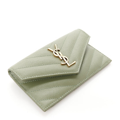 Saint Laurent Grain De Poudre Matelasse Chevron Monogram Compact Wallet Light Sage 4 of 7
