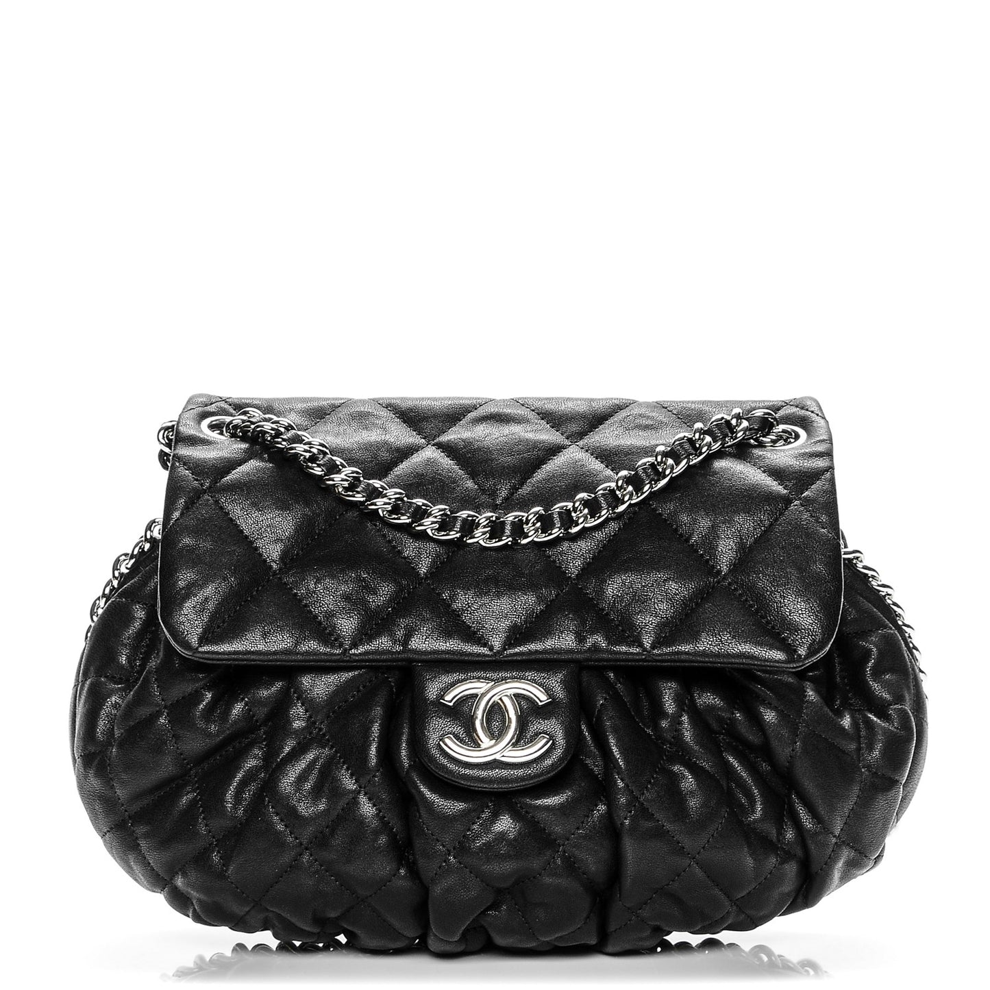 Washed Lambskin Quilted Medium Chain Around Messenger Black