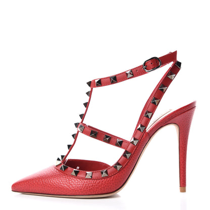 Valentino Garavani Pebbled Calfskin Rockstud Ankle Strap Pumps 38 Rosso 1 of 7