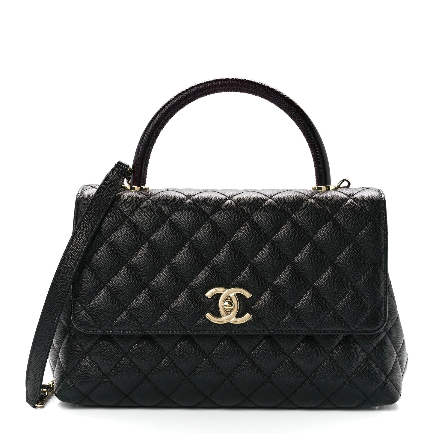 Caviar Lizard Embossed Quilted Small Coco Handle Flap Black