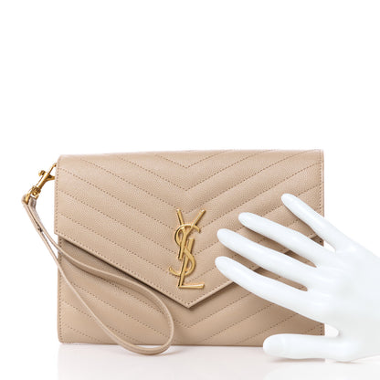 Saint Laurent Grain De Poudre Matelasse Chevron Monogram Envelope Clutch Dark Beige 2 of 11