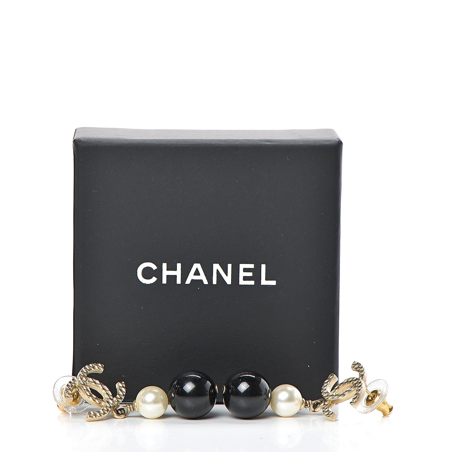 Chanel Pearl Bead CC Drop Earrings Black Gold 5 of 5