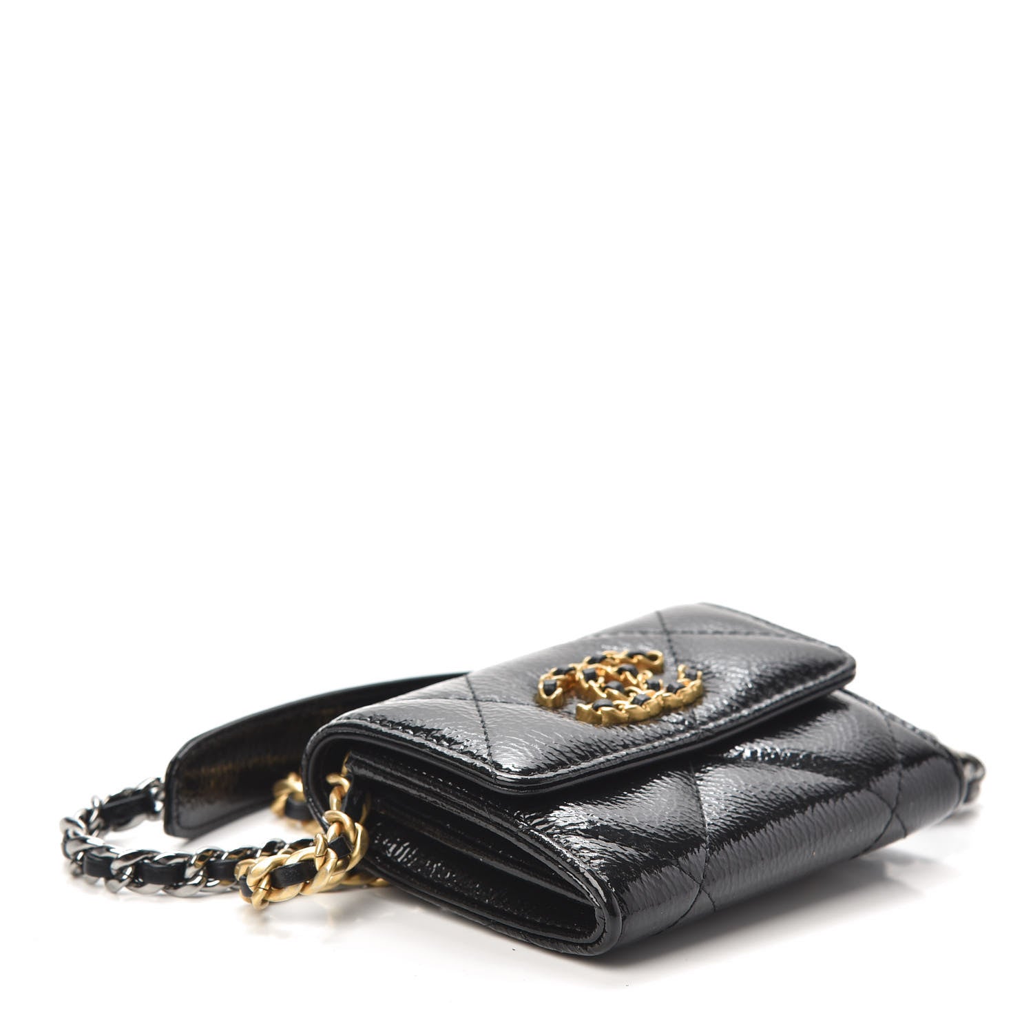Chanel Shiny Crumpled Calfskin Quilted Chanel 19 Flap Coin Purse With Chain Black 4 of 10