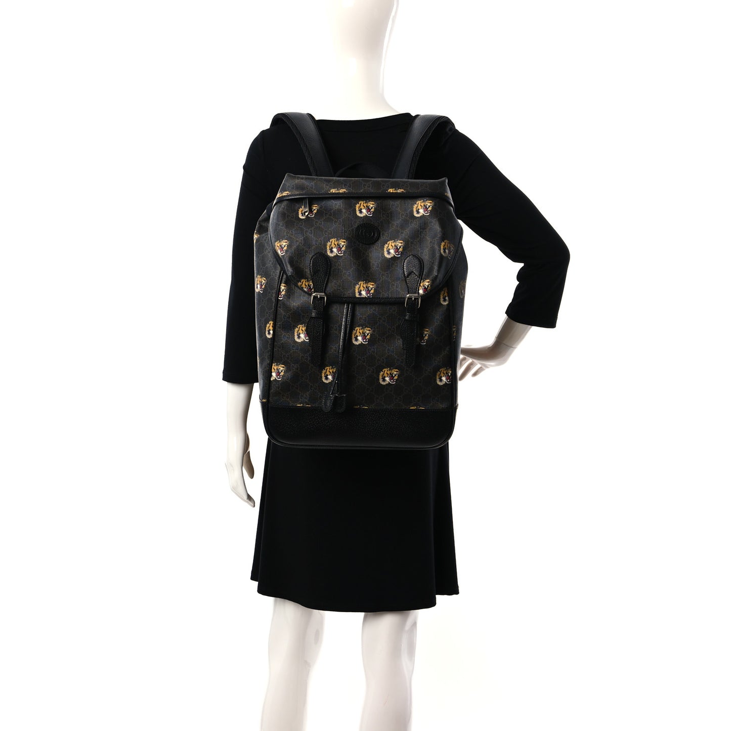 GG Supreme Monogram Azalea Calfskin Tigers Medium Retro Interlocking G Backpack Black