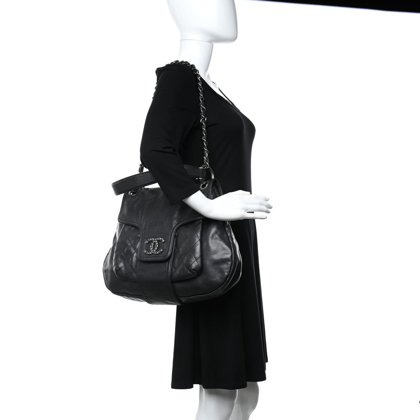 Glazed Caviar Coco Rider Flap Hobo Dark Grey