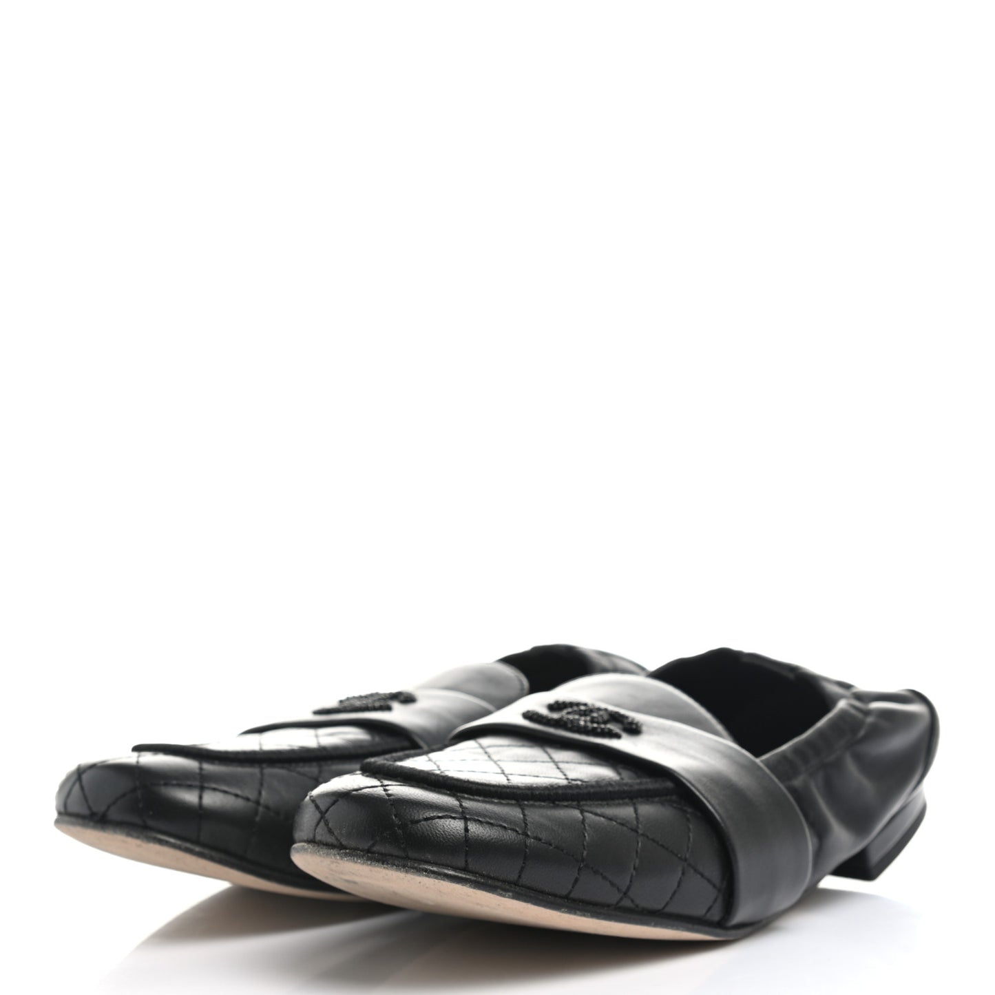 Laminated Lambskin Womens Quilted Elastic CC Moccasin Loafers 36 Black