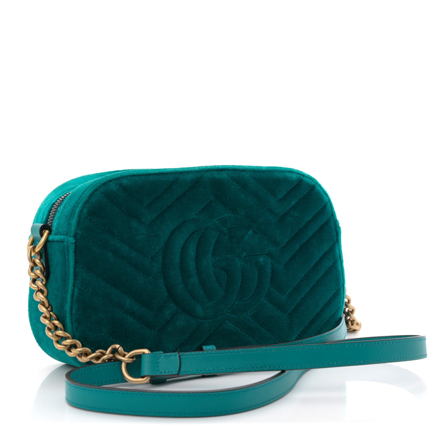 Gucci Velvet Matelasse Small GG Marmont Chain Shoulder Bag Pavone Cyan 3 of 10