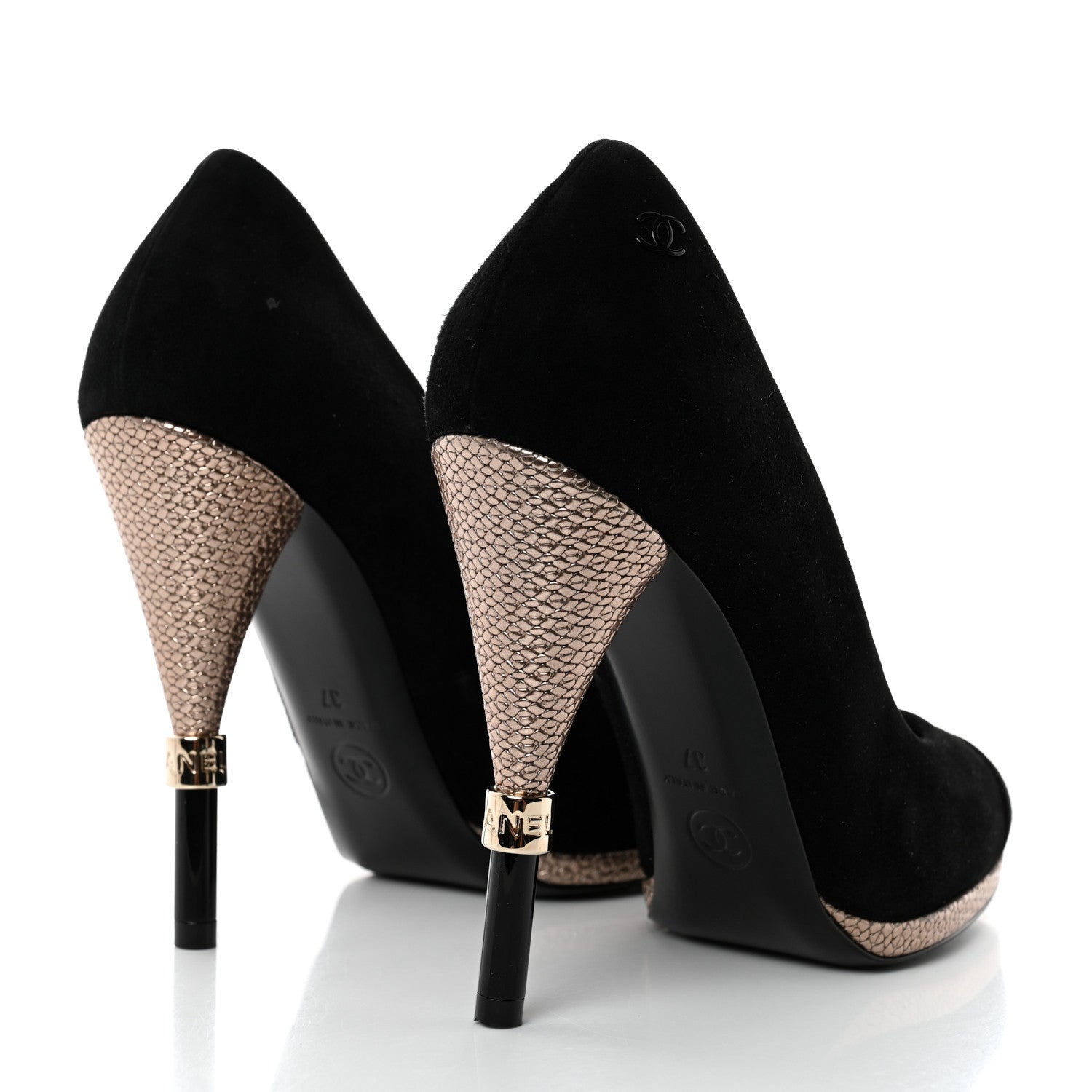 Chanel Suede Calfskin Satin Cap Toe CC Pumps 37 Black 4 of 9