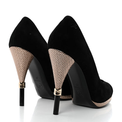 Chanel Suede Calfskin Satin Cap Toe CC Pumps 37 Black 4 of 9