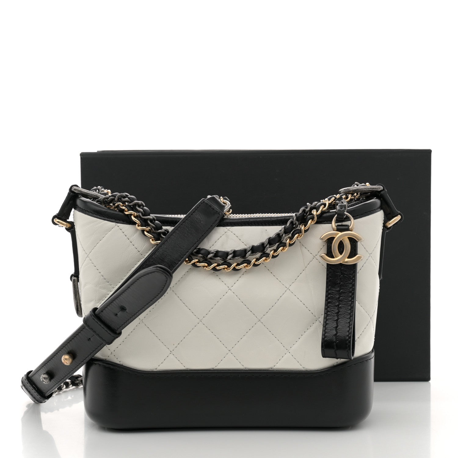 Chanel Aged Calfskin Quilted Small Gabrielle Hobo Black White 14 of 14