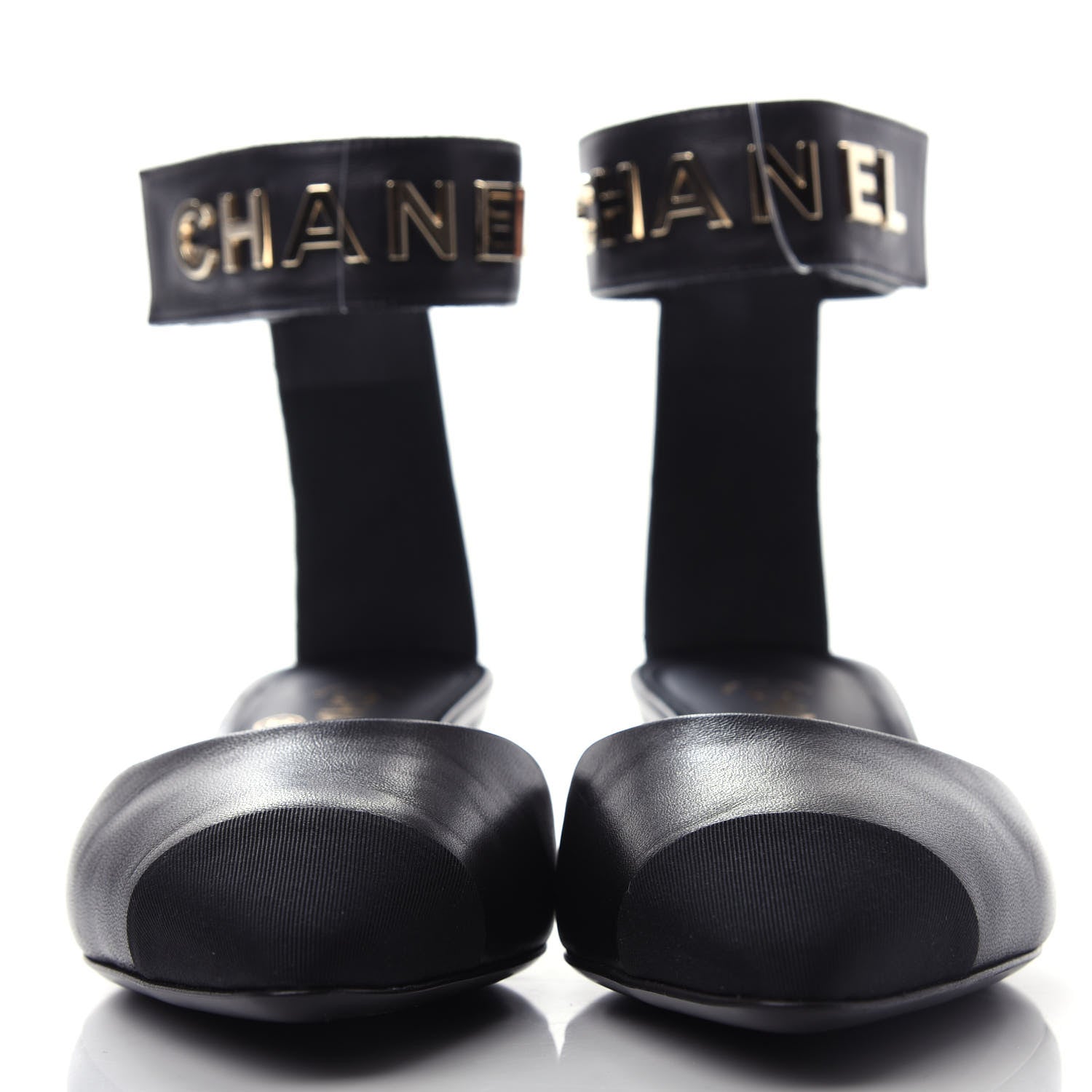 Chanel Lambskin Grosgrain Cap Toe Logo Ankle Strap Pumps 37.5 Black 2 of 11