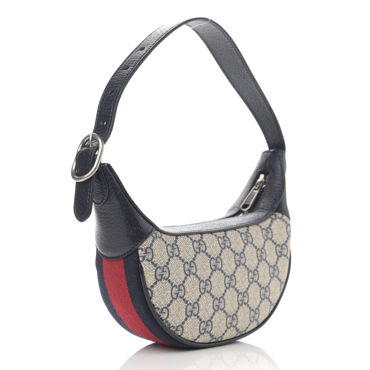 GG Supreme Monogram Textured Dollar Calfskin Web Mini Ophidia Half Moon Hobo Beige Blue