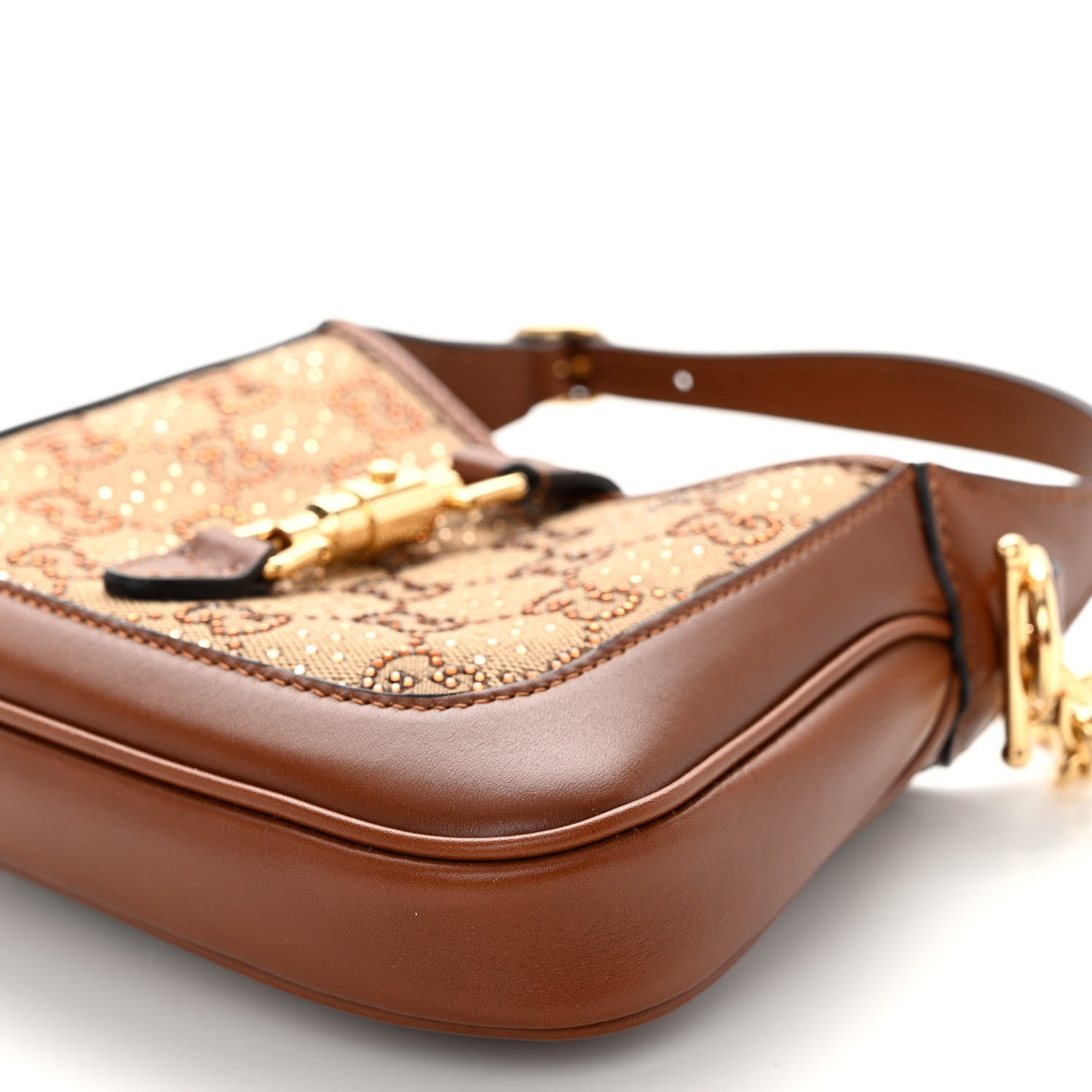 Gucci New Canvas Charisma Calfskin Crystal GG Monogram Mini Jackie 1961 Hobo Camel Ebony 9 of 9