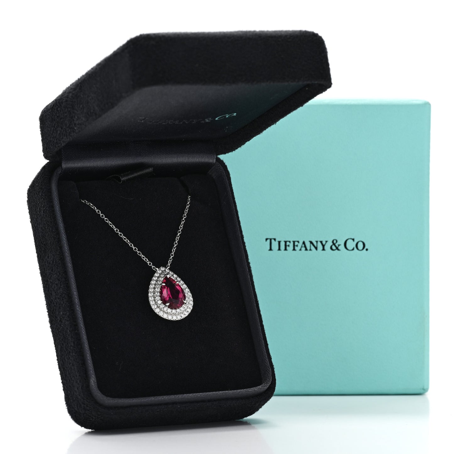 Platinum Diamond Rubellite Pear Shaped Soleste Pendant Necklace