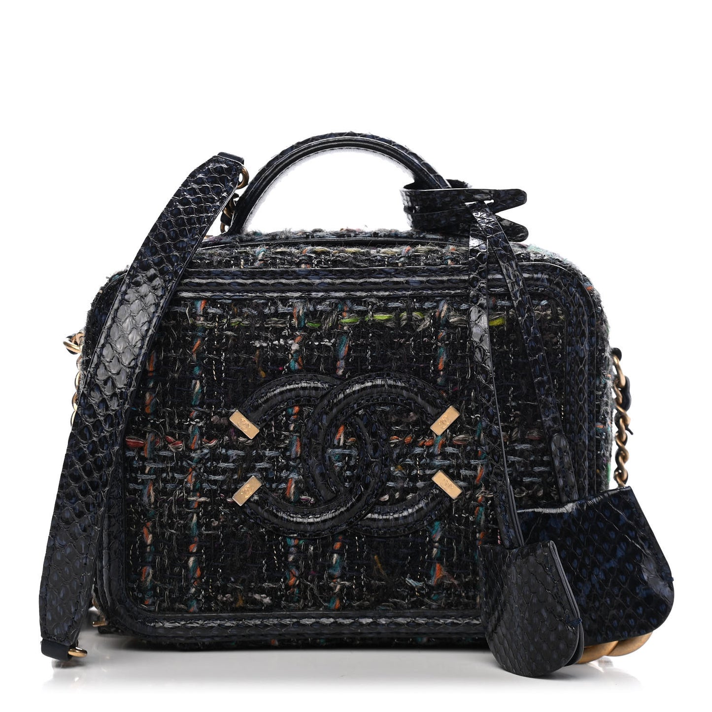 Tweed Snakeskin Quilted Small CC Filigree Vanity Case Navy Multicolor