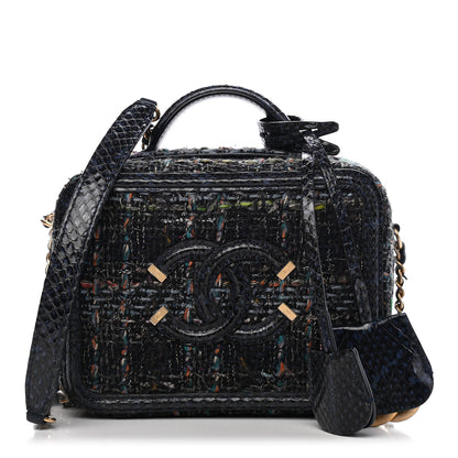 Chanel Tweed Snakeskin Quilted Small CC Filigree Vanity Case Navy Multicolor 1 of 8