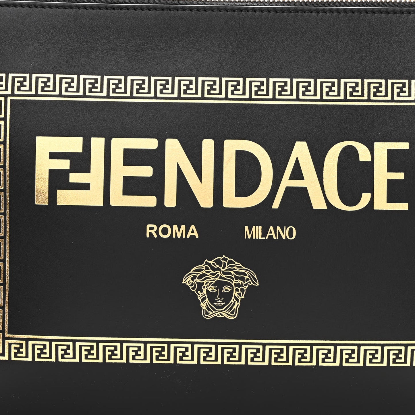 X VERSACE Vitello Grace Fendace FF Baroque Logo Large Flat Pouch Black