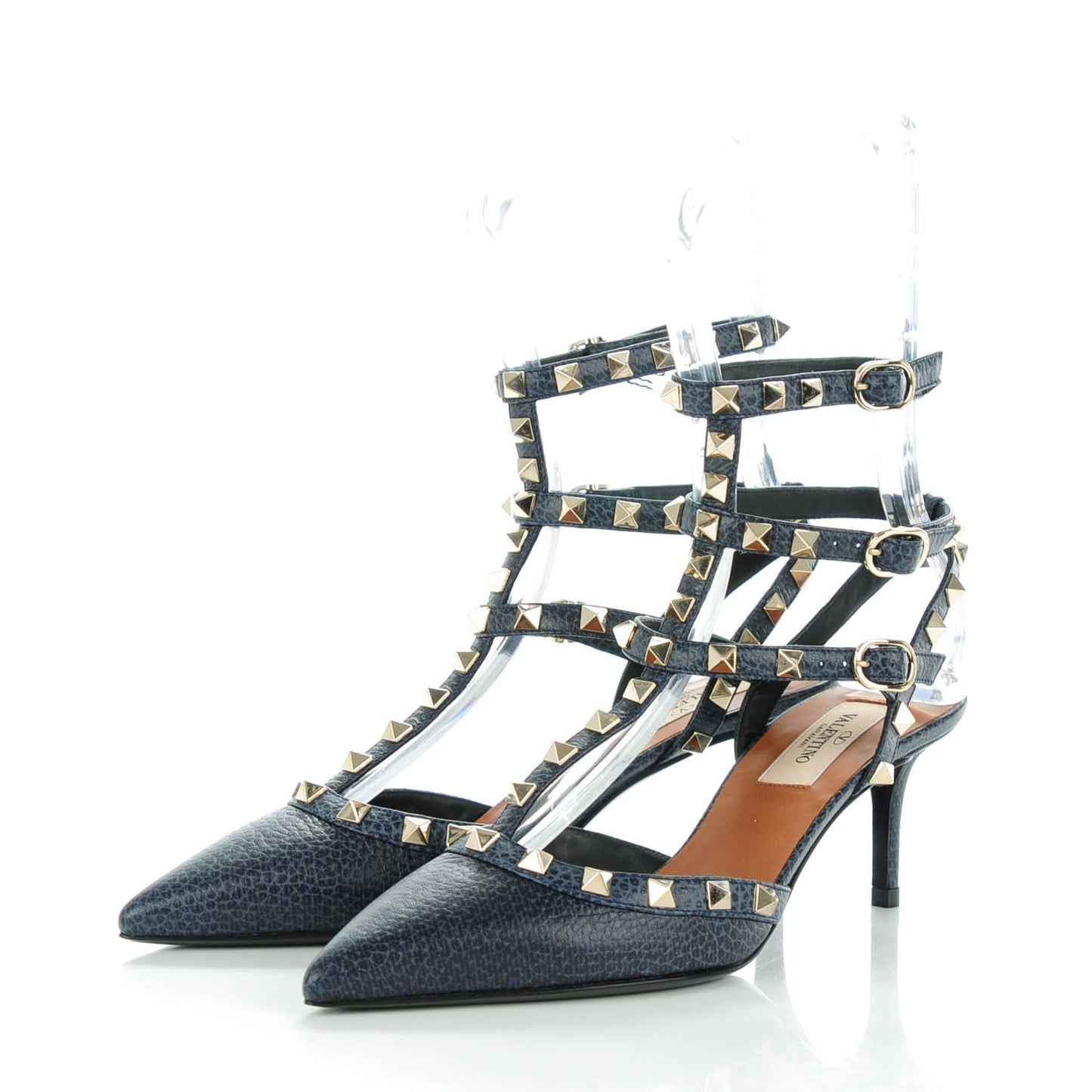 Pebbled Calfskin Rockstud Ankle Strap 65mm Pumps 36.5 Deep Denim