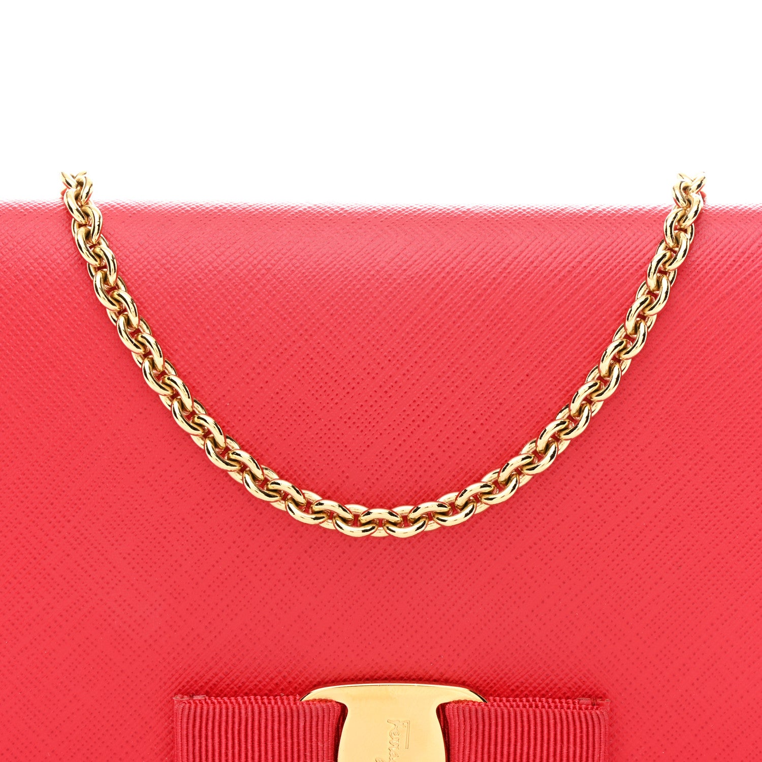 Salvatore Ferragamo Printed Calfskin Vara Bow Chain Wallet Red