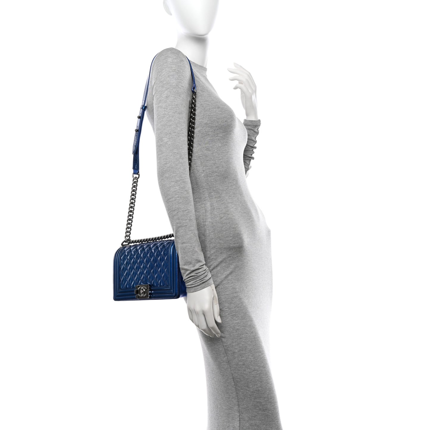 Metallic Patent Quilted Medium Boy Flap Blue