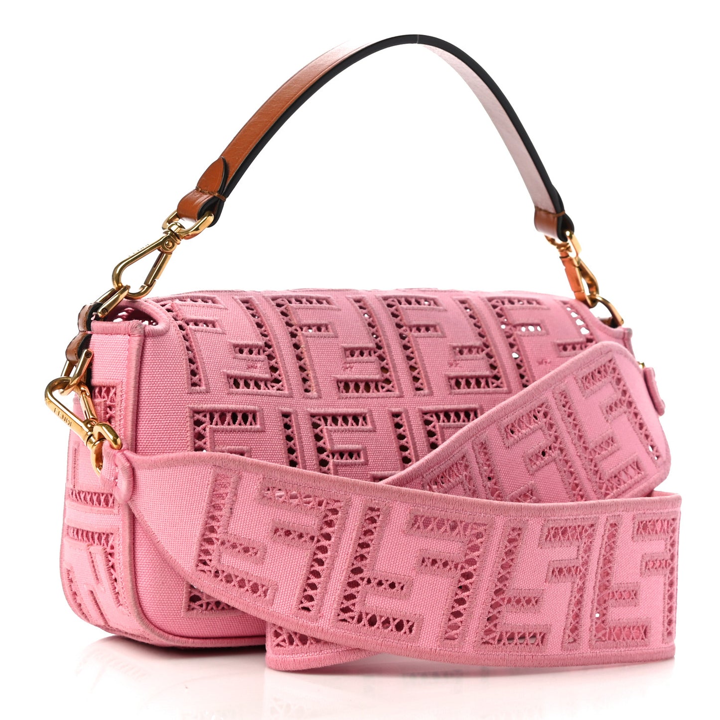 Canvas Cuoio Agata FF Ajour Embroidered Baguette Ciclamino Cuoio