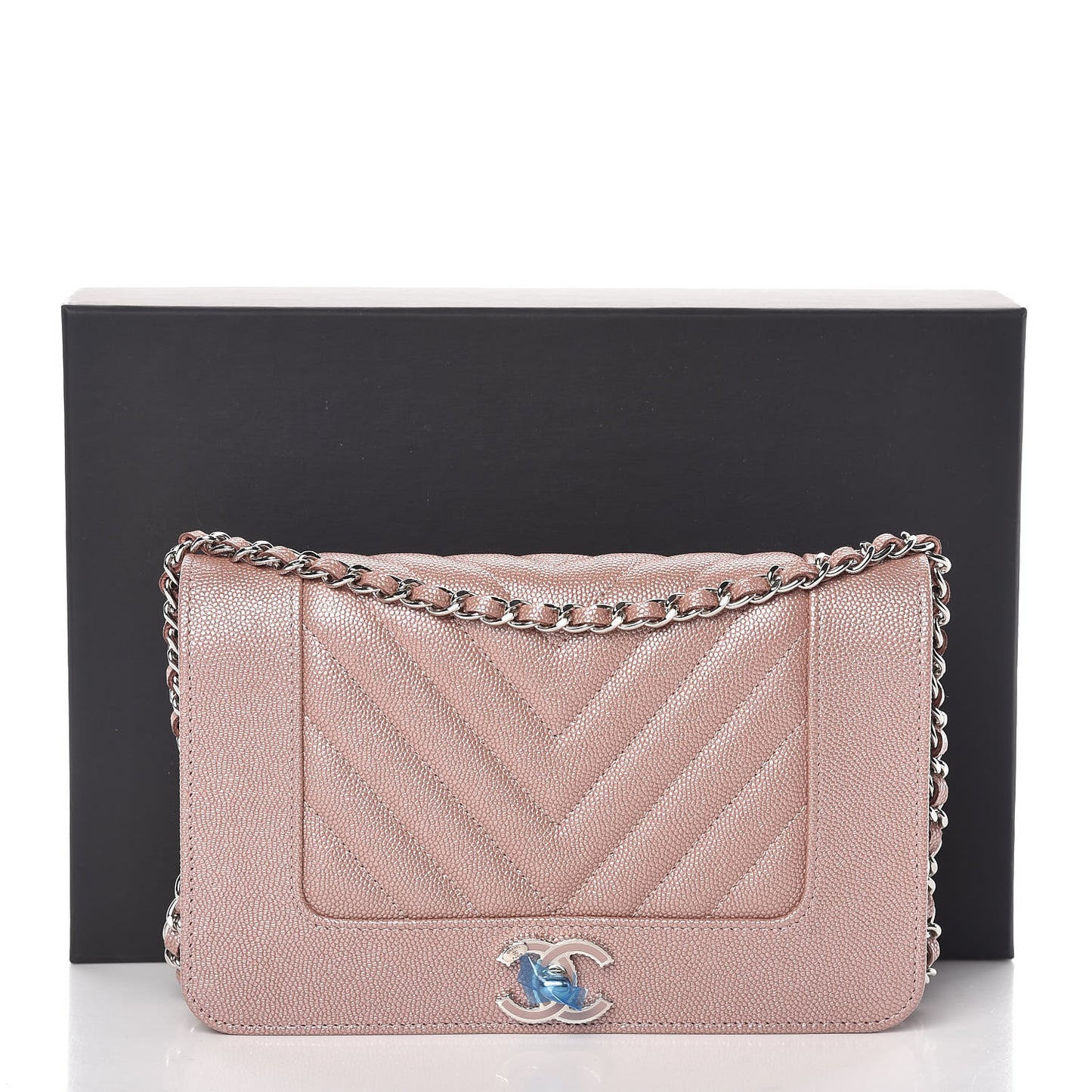 Metallic Caviar Chevron Quilted Vintage Mademoiselle Wallet On Chain WOC Pink