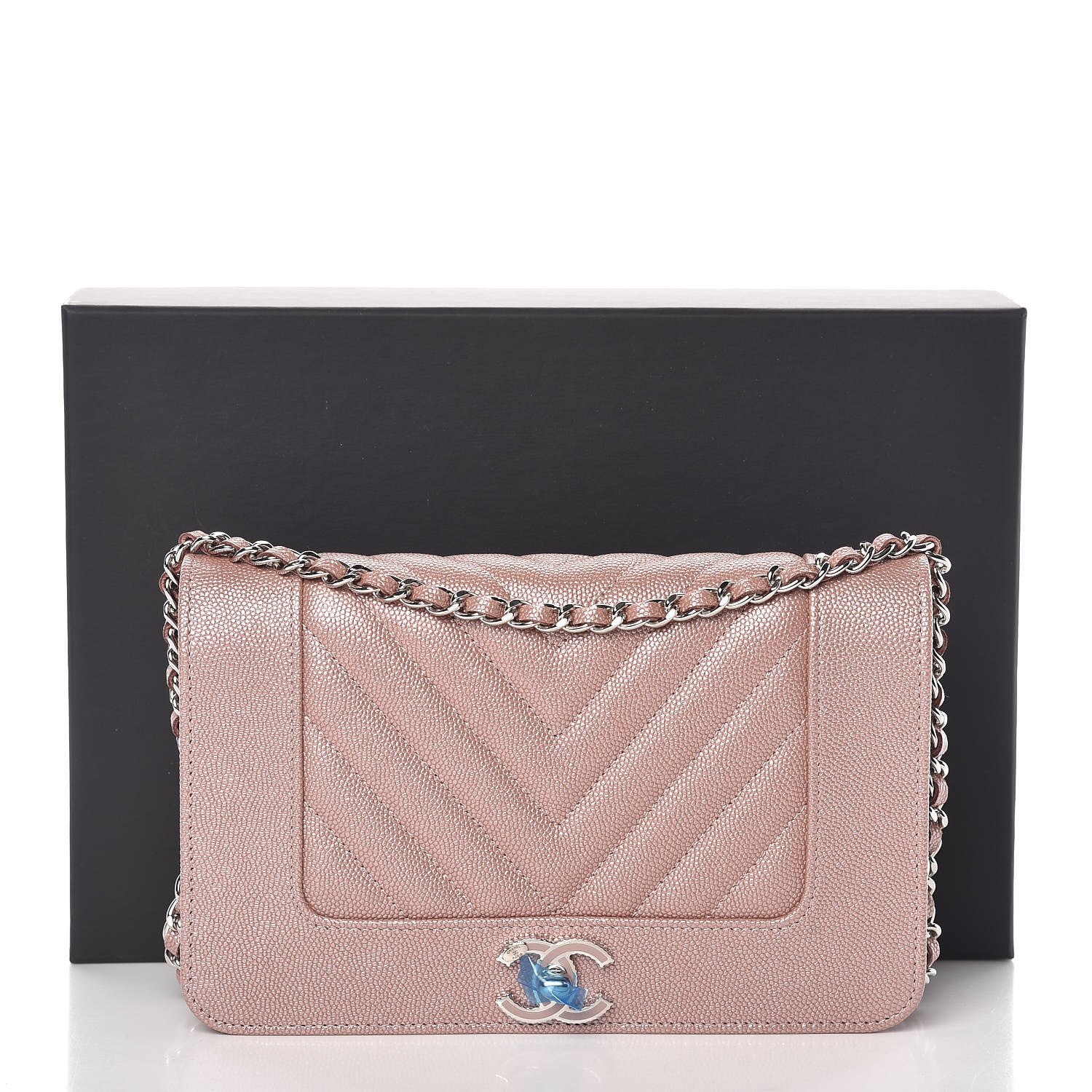 Chanel Metallic Caviar Chevron Quilted Vintage Mademoiselle Wallet On Chain WOC Pink 11 of 11