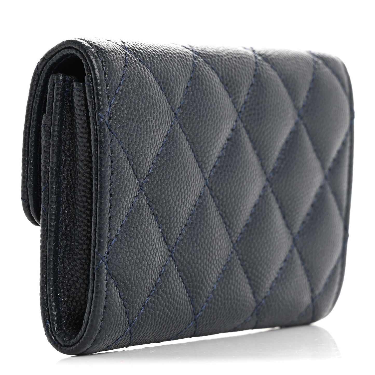 Caviar Quilted Flap Card Holder Wallet Navy Blue