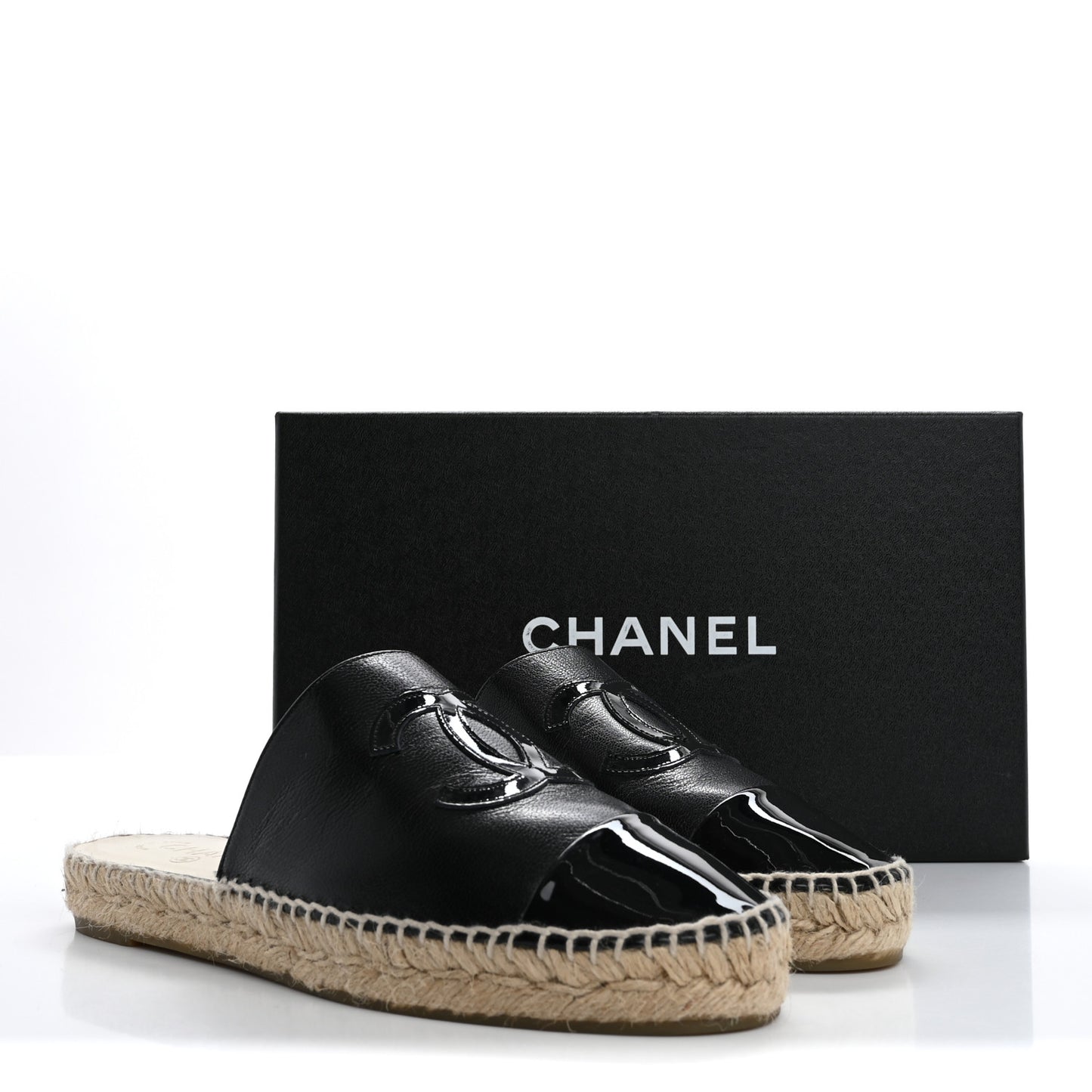 Iridescent Goatskin Patent CC Espadrille Mules 38 Black