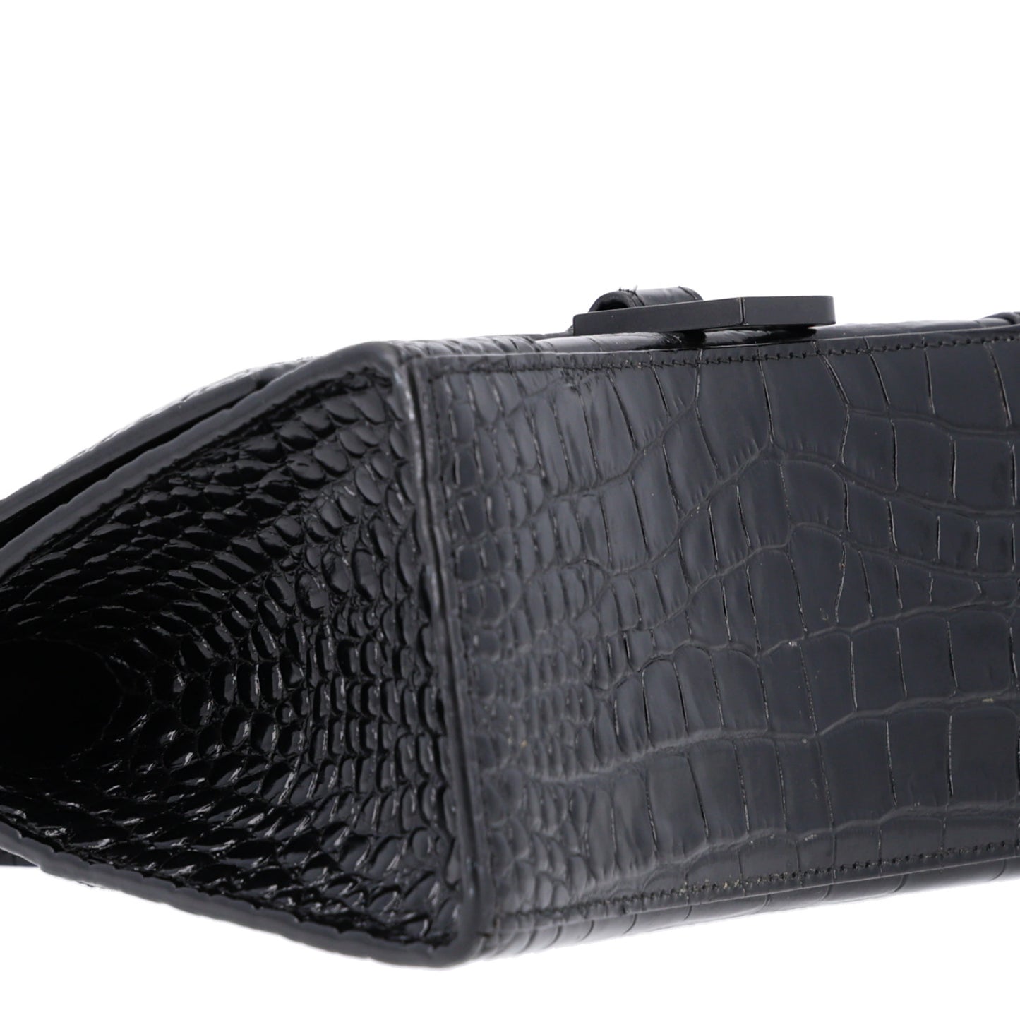 Shiny Calfskin Monochrome Crocodile Embossed Small Hourglass Top Handle Bag Black