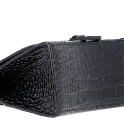 Balenciaga Shiny Calfskin Monochrome Crocodile Embossed Small Hourglass Top Handle Bag Black 9 of 10