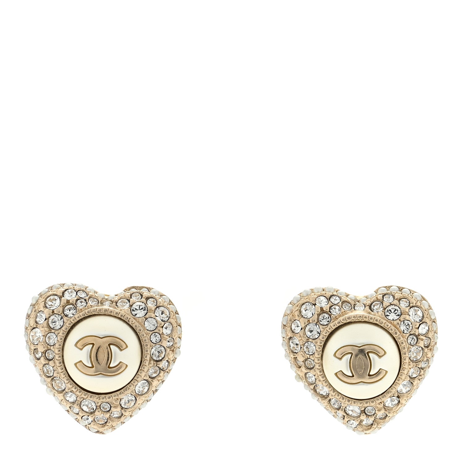 Chanel Pearl Crystal CC Heart Earrings Gold White 1 of 4