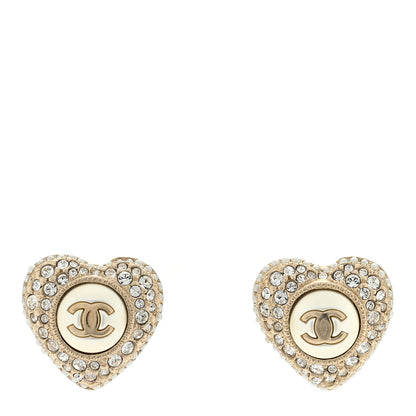 Chanel Pearl Crystal CC Heart Earrings Gold White 1 of 4
