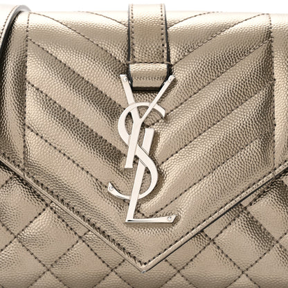 Saint Laurent Metallic Grain De Poudre Textured Mixed Matelasse Triquilt Small Monogram Satchel Piombo 7 of 9