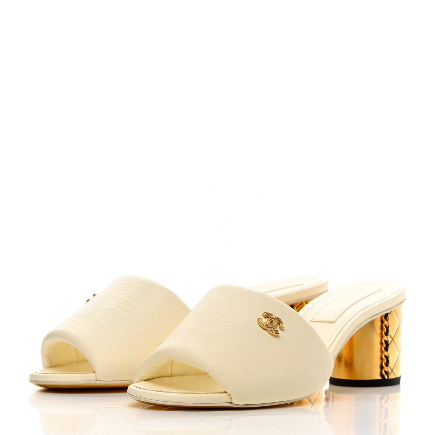 Lambskin Chain CC Mules 38 White Gold