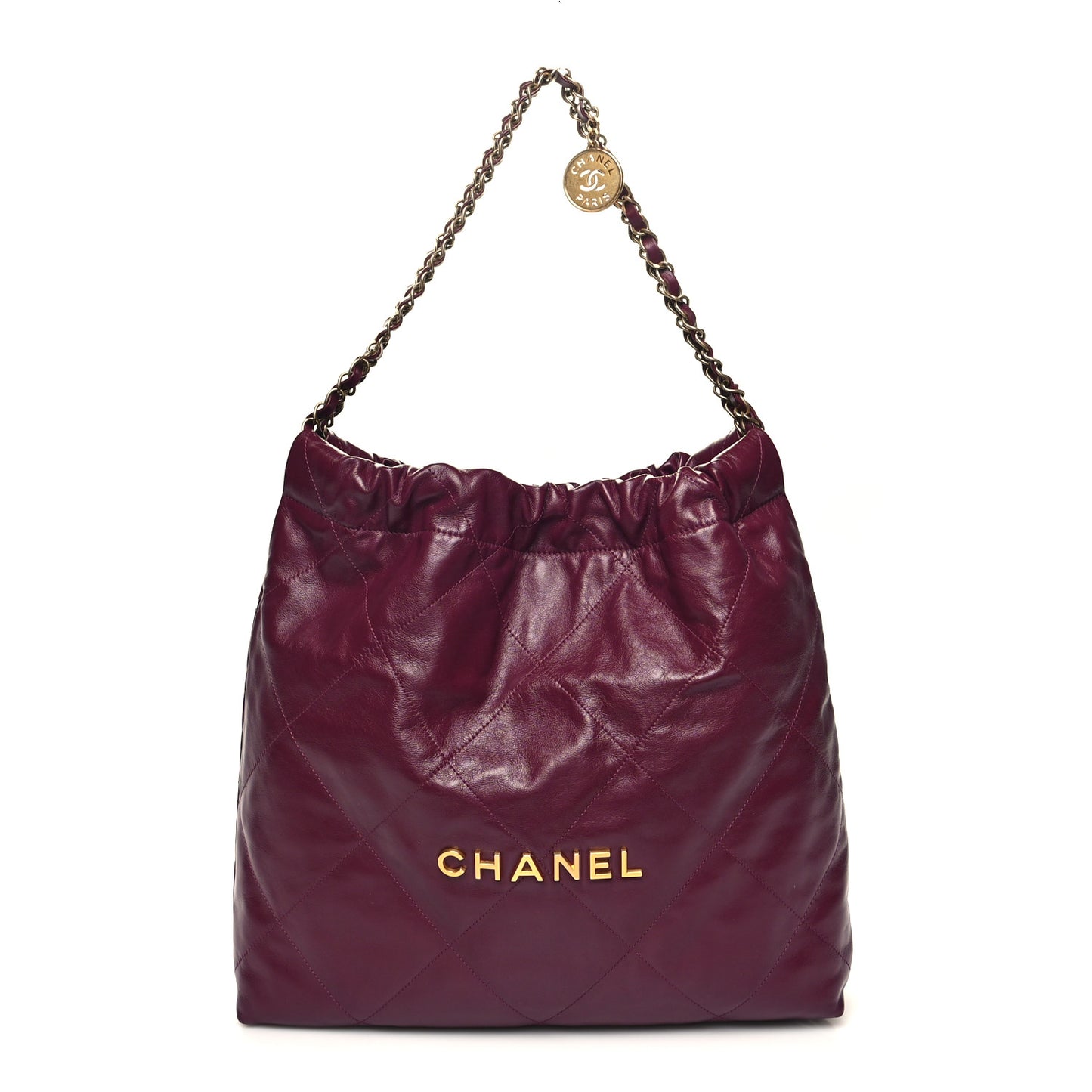 Shiny Calfskin Quilted Chanel 22 Drawstring Bag Dark Purple