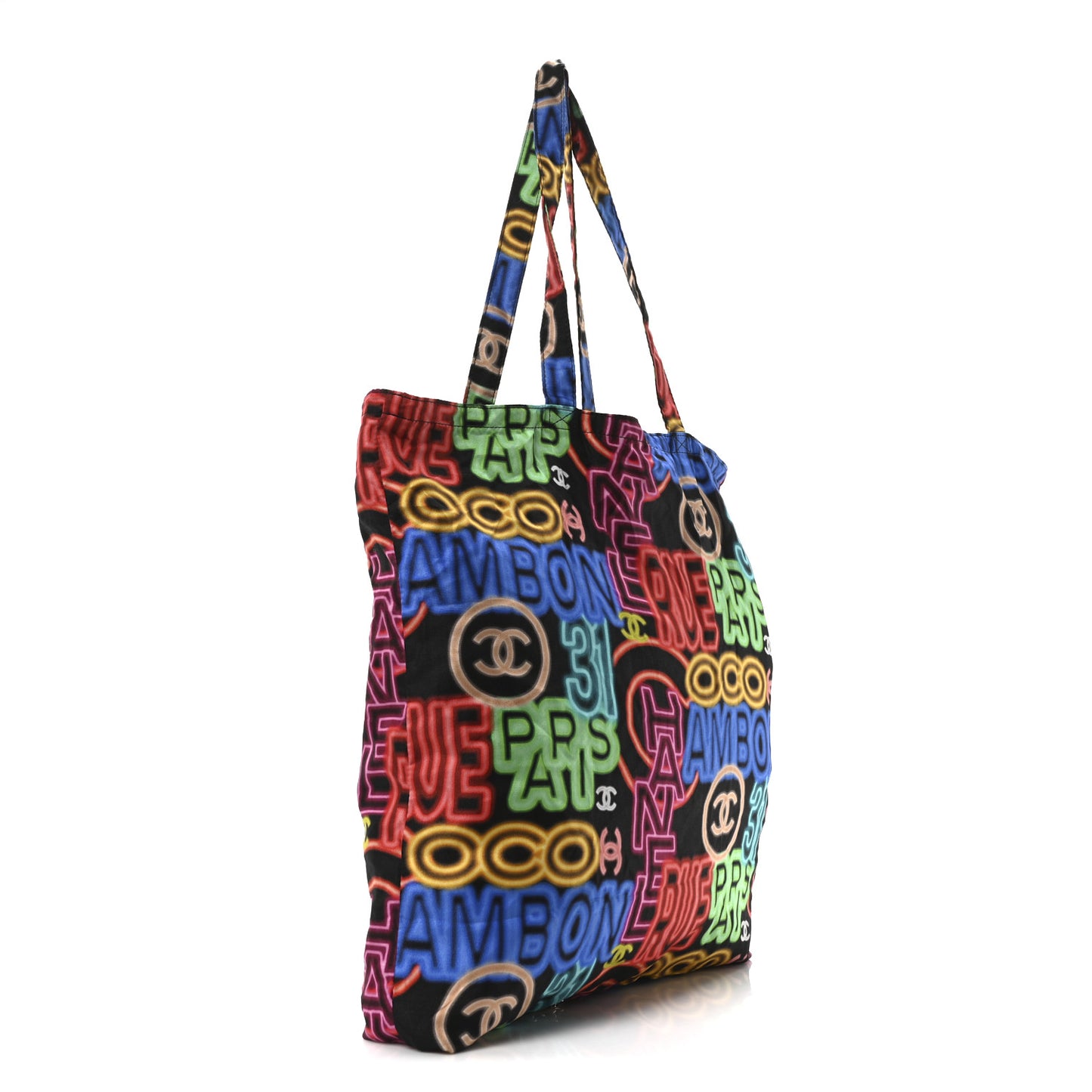 Caviar Fabric Graffiti Foldable Tote Bag With Chain Black Multicolor