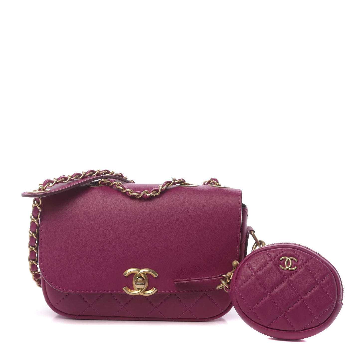 Calfskin Quilted Multi Pouching Flap And Coin Purse Fuchsia