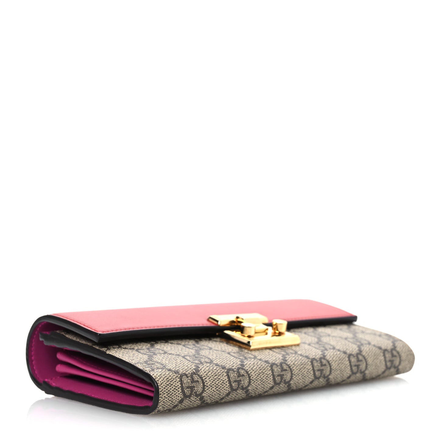 GG Supreme Monogram Moon Calfskin Padlock Continental Chain Wallet Beige Ebony Hibiscus Red New Rosette