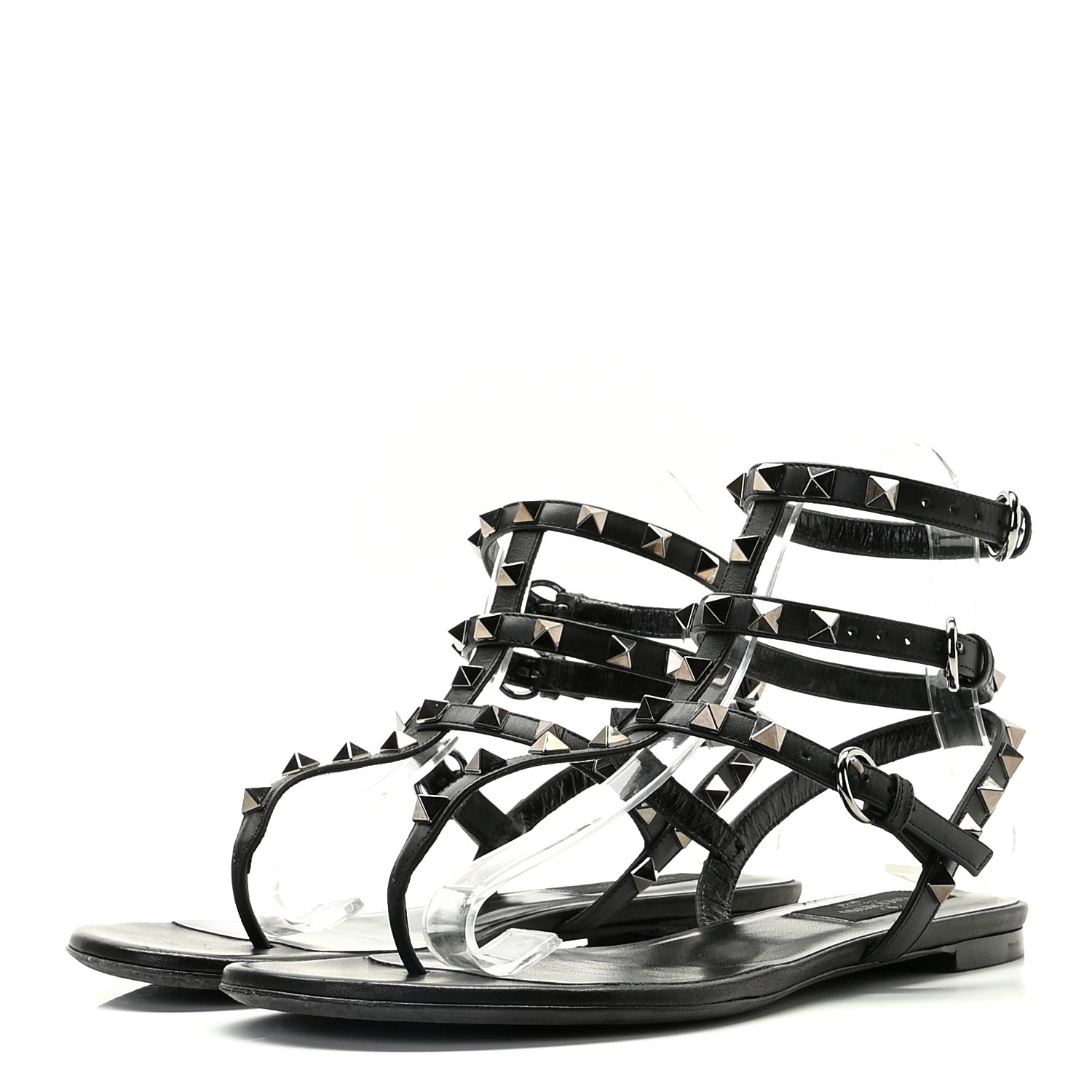 Valentino Garavani Nappa Rockstud Ankle Strap Flat Thong Sandals 37.5 Black 2 of 13