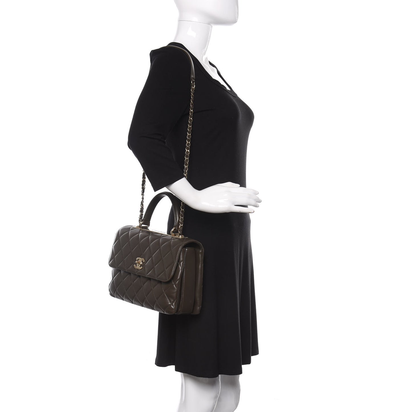Lambskin Quilted Medium Trendy CC Flap Dual Handle Bag Dark Khaki