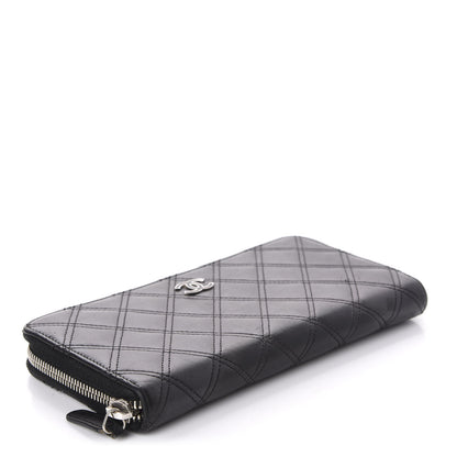 Chanel Lambskin Double Stitch Quilted Large Gusset Zip Around Wallet Black 4 of 19