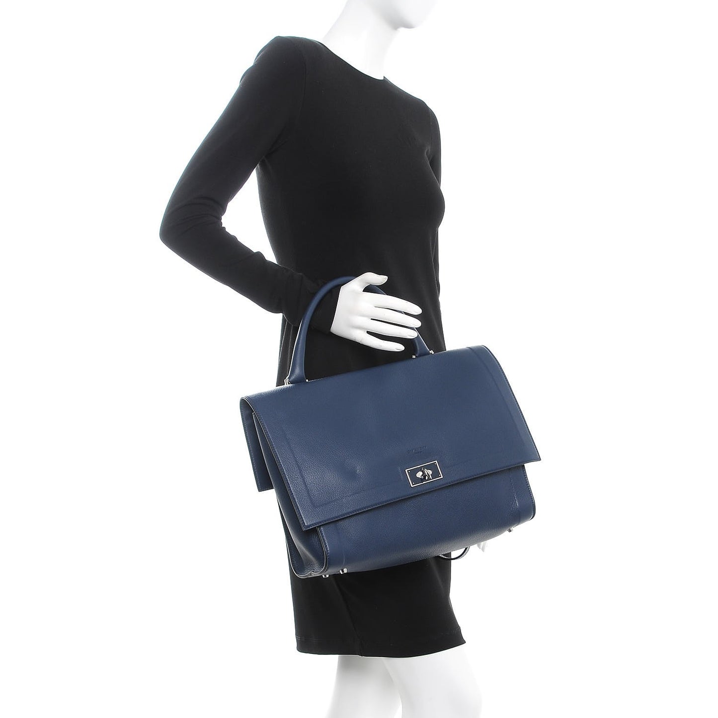Grained Calfskin Medium Shark Lock Satchel Navy